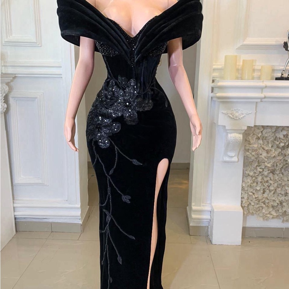 Black Embellished Off-Shoulder Gown with Slit